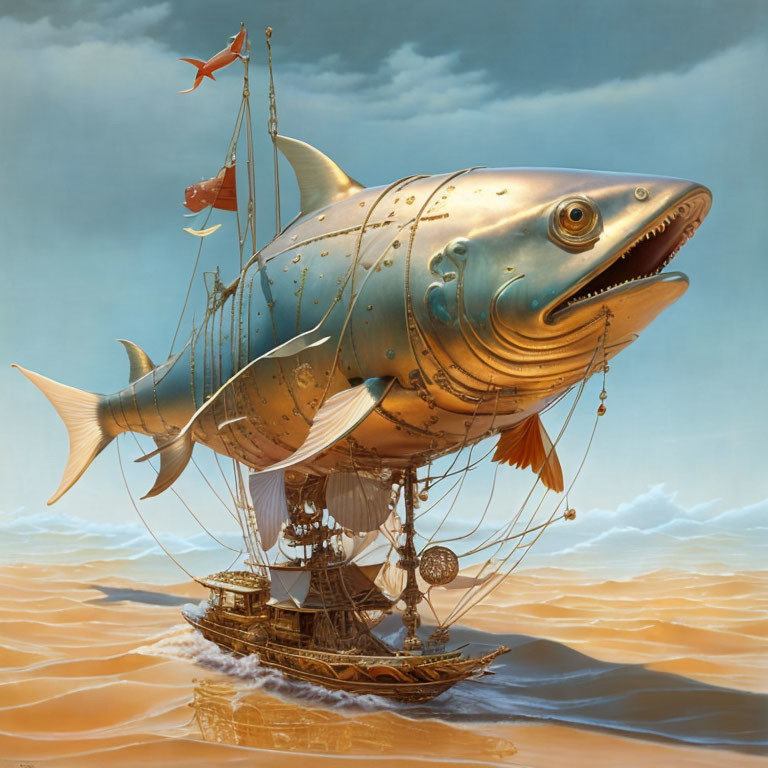 Steampunk-style image: Fish-ship fusion in cloudy sky with birds