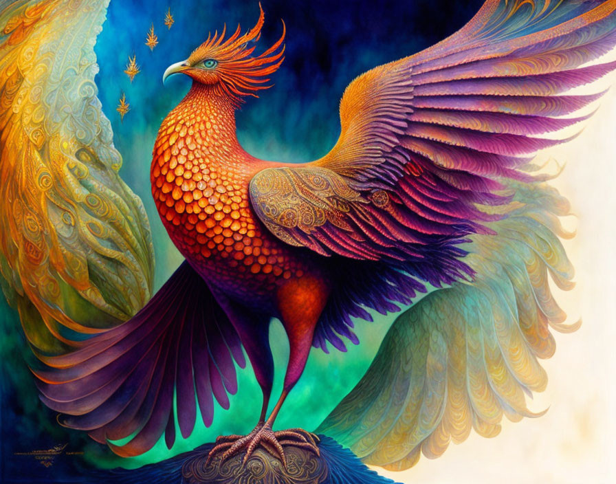 Colorful mythical bird illustration on blue backdrop