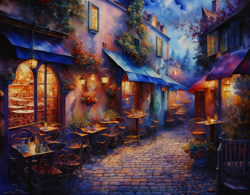 Picturesque Dusk Street Scene with Cobblestones and Outdoor Cafés