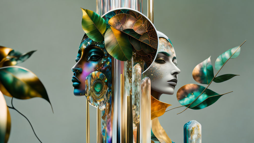 Metallic mannequin heads with decorative leaves on grey background - futuristic botanical theme