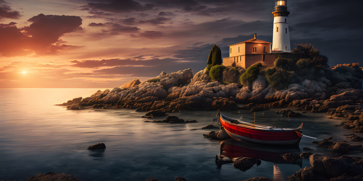 Tranquil sunset scene with lighthouse, cliffs, calm sea, and red boat