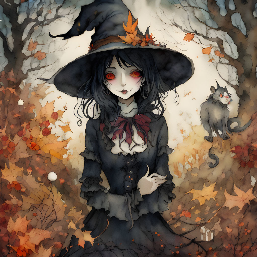 Illustrated witch with red eyes in black dress and hat, surrounded by autumn leaves and grey cat.