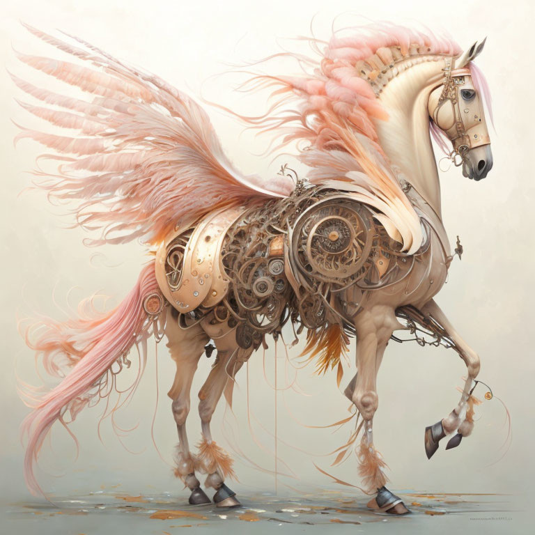 Steampunk mechanical horse with ornate gears and pink mane