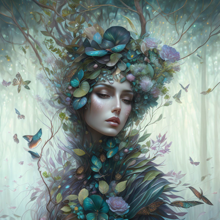 Woman with serene expression in nature-themed headdress.