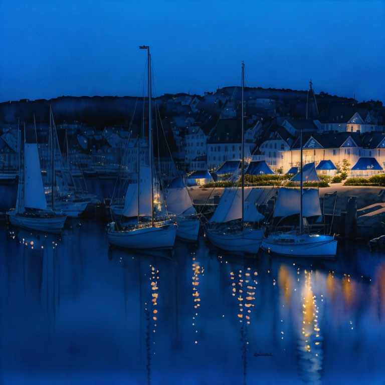 Twilight scene: Sailboats in calm harbor with glowing lights reflected on water