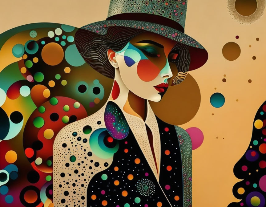 Colorful abstract portrait of a woman in spotted coat and hat with swirling patterns.