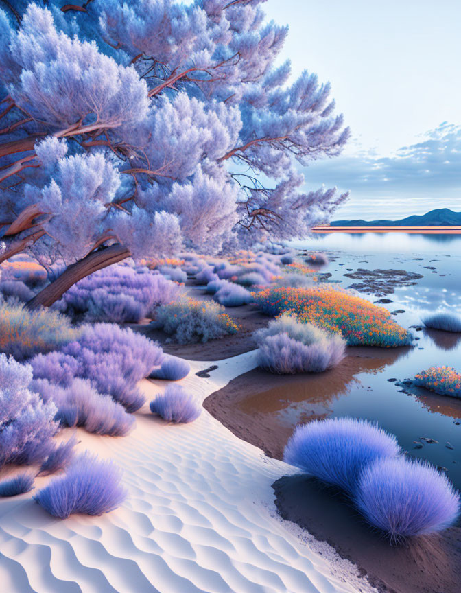 Purple-tinged trees, orange flowers, white sand dunes in surreal landscape