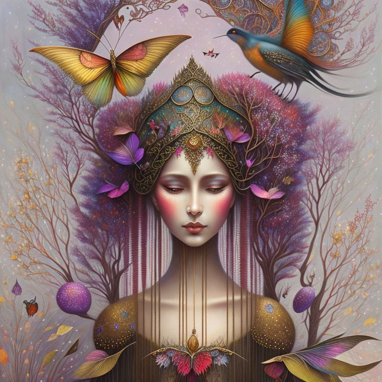 Digital Artwork: Serene Female Figure with Decorative Headdress, Butterflies, Birds, and