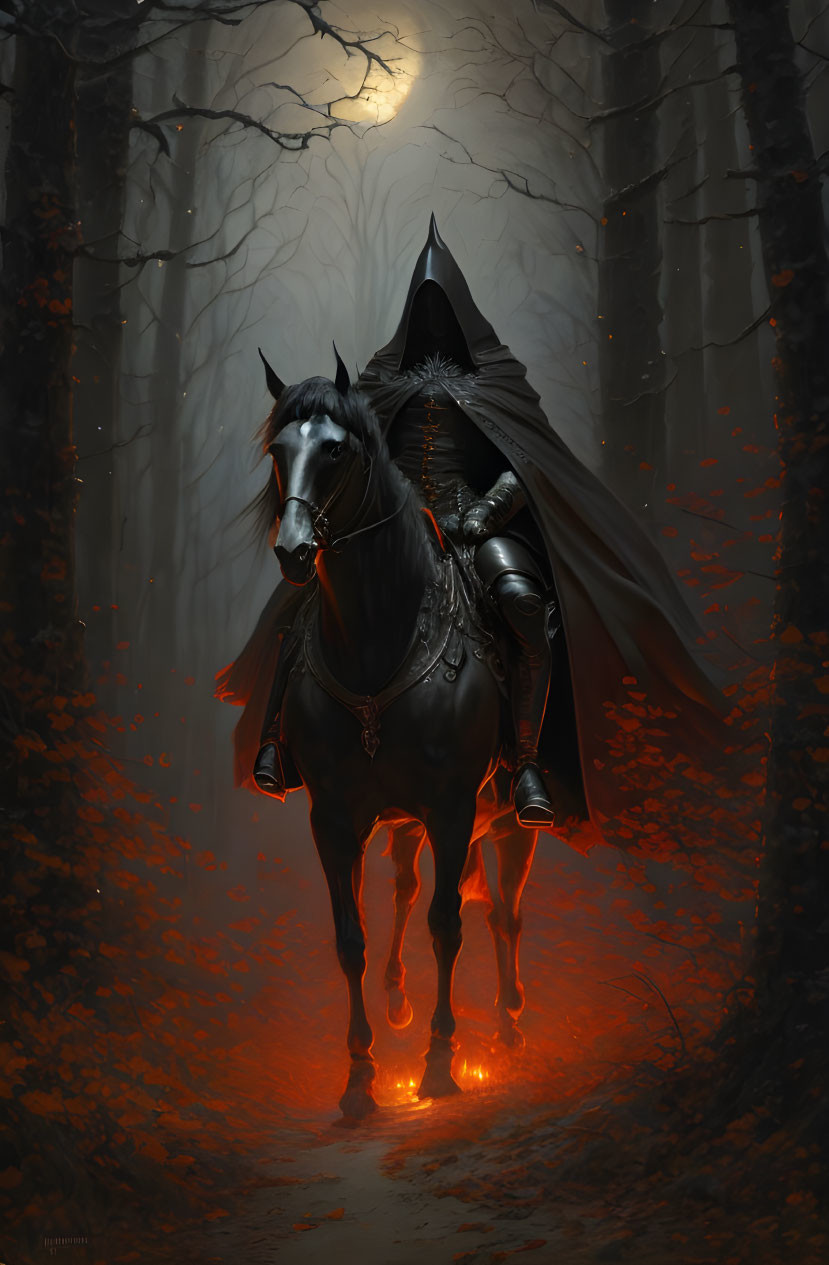 Armored knight on glowing-hoofed horse in moonlit, foggy forest with red light