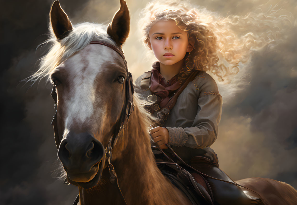 Young girl with curly hair riding brown horse under dramatic backlight.