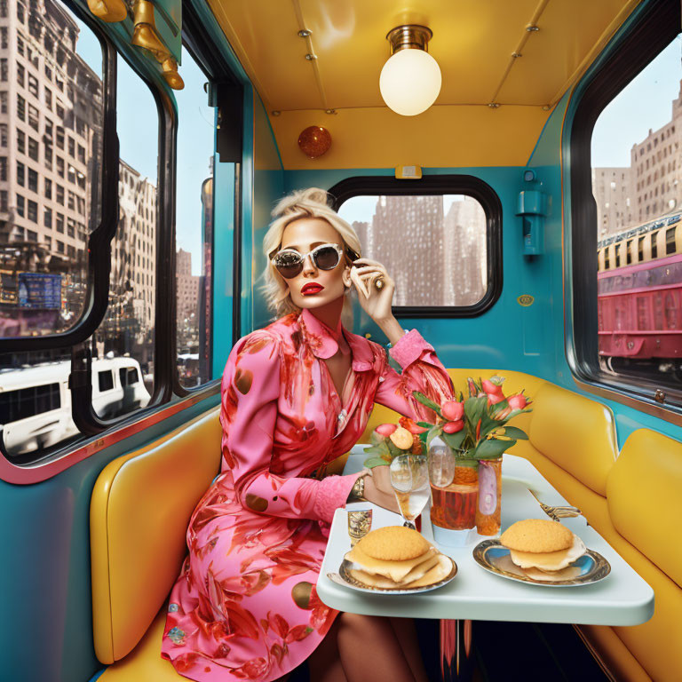 Stylish woman in pink dress and sunglasses at diner booth in retro bus with cityscape view and