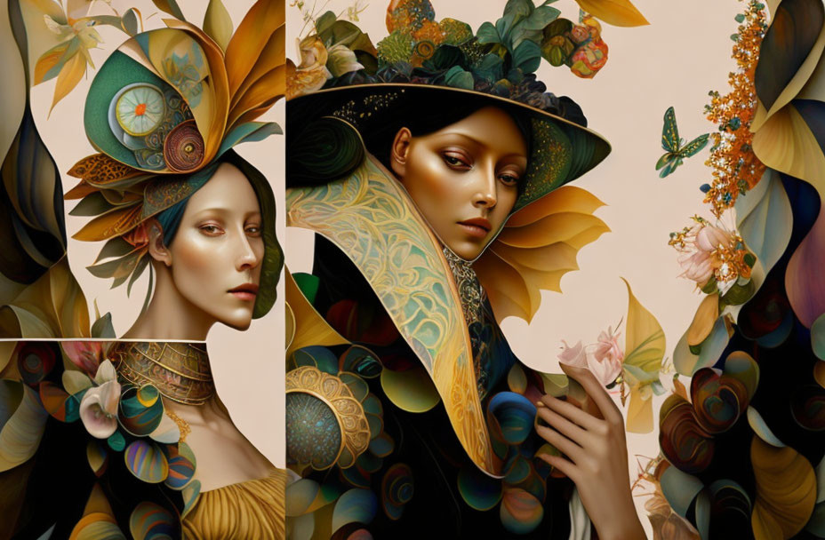 Triptych Digital Painting of Woman with Botanical and Butterfly Elements