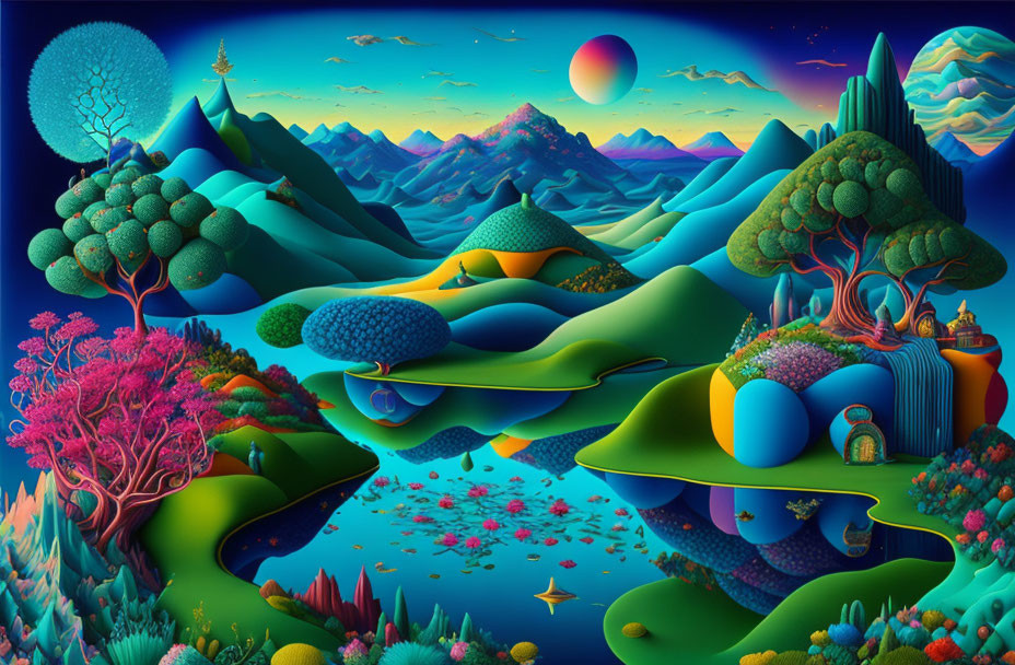 Surreal landscape with green hills, colorful trees, lakes, mountains, and twilight sky