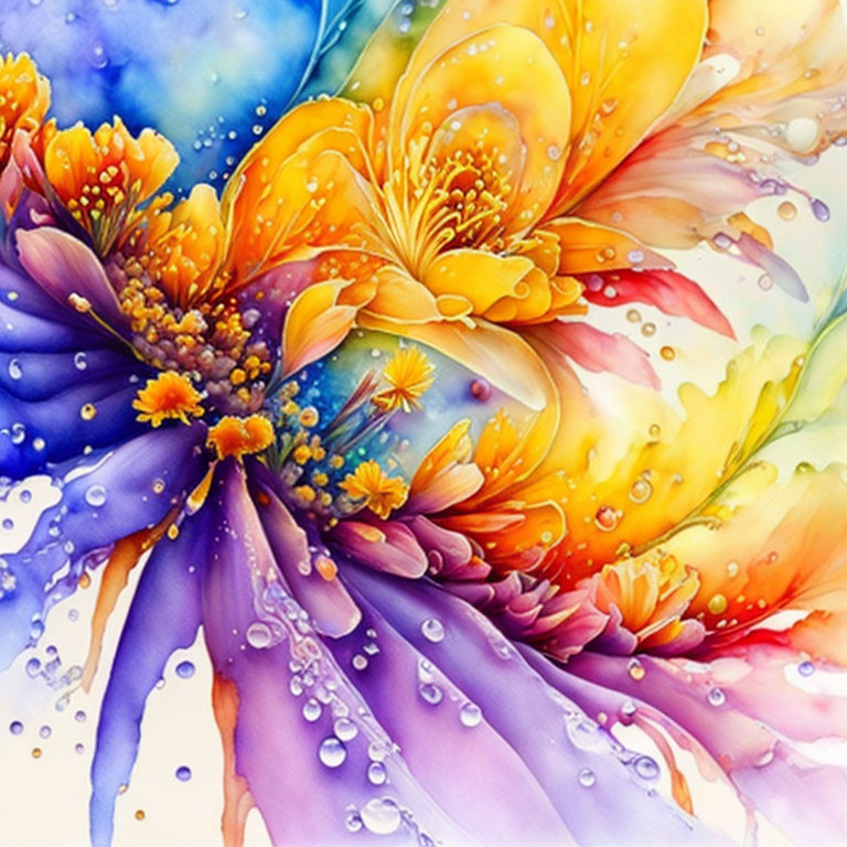 Multicolored flowers in vibrant watercolor with water droplets.