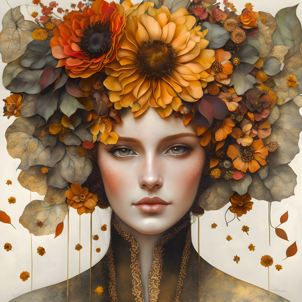 Portrait of woman with orange, red, and brown floral headdress