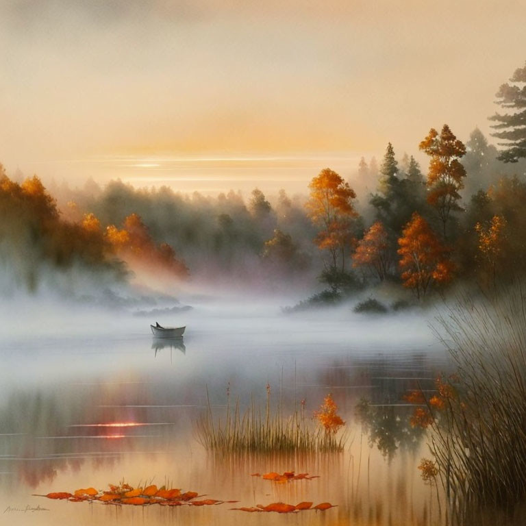 Tranquil morning fog over still lake with autumn trees and boat