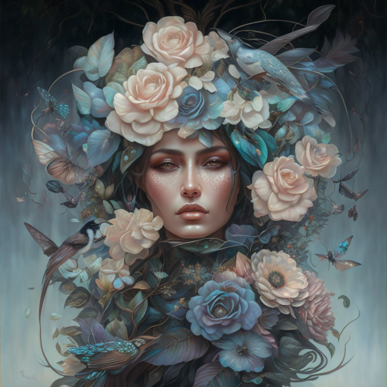 Surreal portrait of woman with serene expression and floral bird adornment