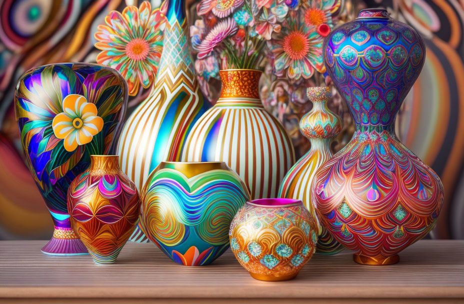 Colorful ornate vases against psychedelic floral backdrop