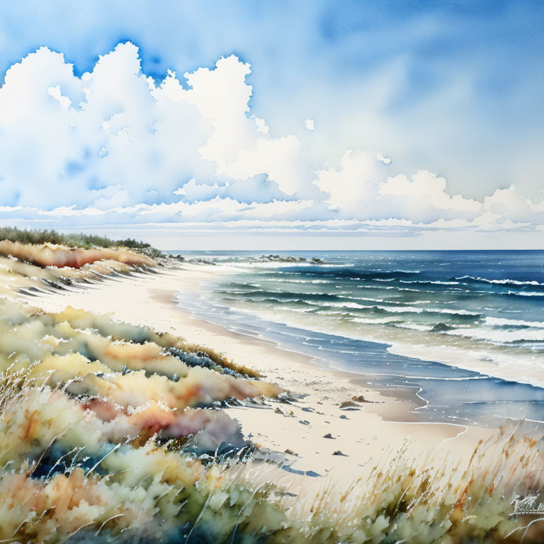 Serene beach watercolor painting with fluffy clouds and gentle waves