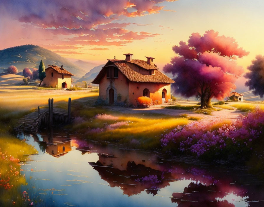 Tranquil pond and vibrant sunset in picturesque landscape