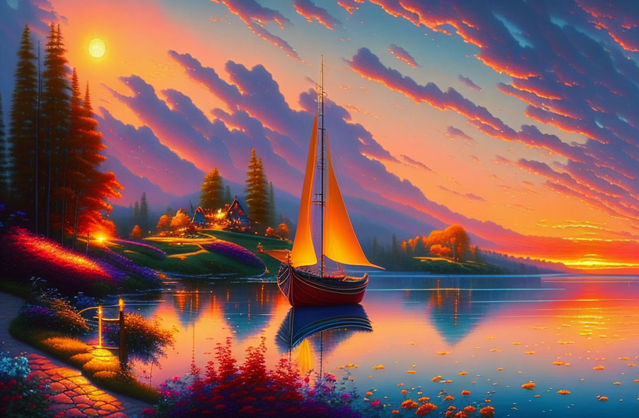 Colorful digital artwork: sailboat on serene lake at sunset, vibrant skies, blooming flowers,