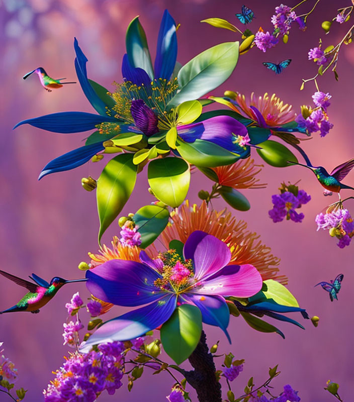 Fantastical flowers, hummingbirds, and butterflies in vibrant digital art