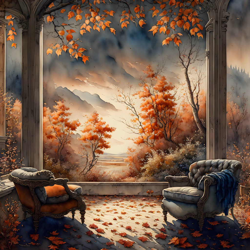 Autumnal scene with vintage armchairs framed by marble columns