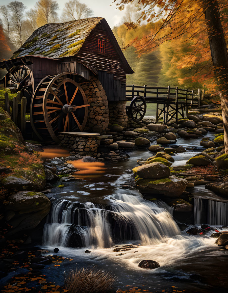 Rustic watermill by stream with autumn trees