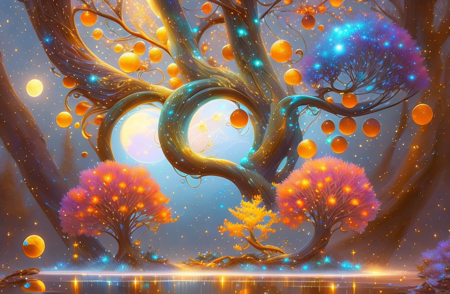 Glowing forest with twisted trees, colorful foliage, orbs of light, and starry sky