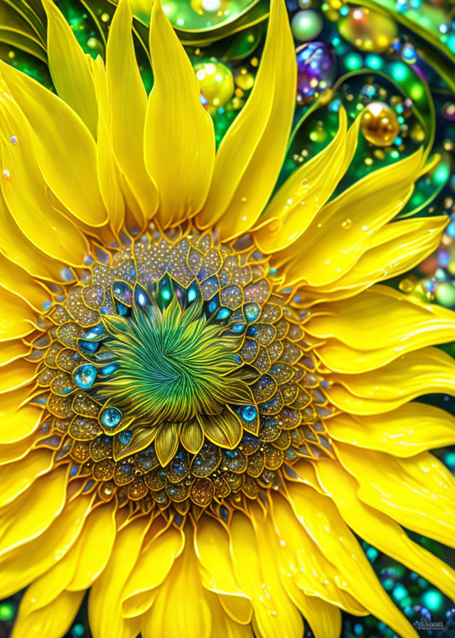 Colorful digitally enhanced sunflower with intricate patterns and dewdrops