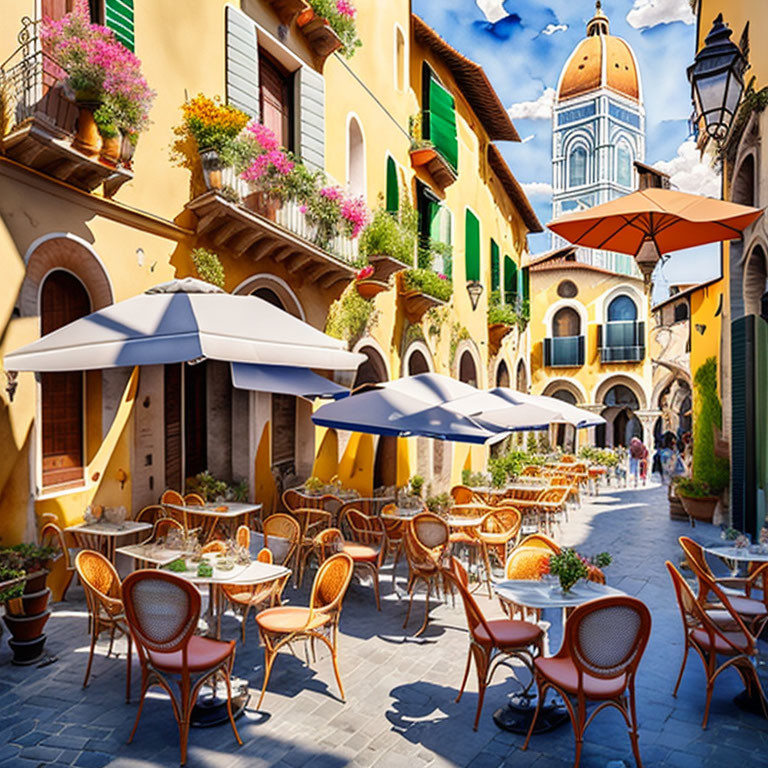 Vibrant cobblestone square with outdoor cafes, bell tower, and hanging plants