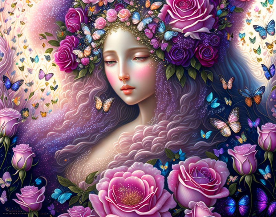 Serenity-themed artwork with woman's face, roses, and butterflies