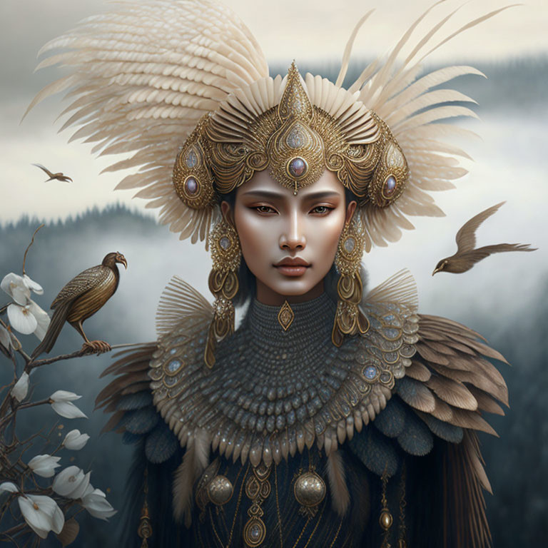 Regal figure with golden headdress and birds in misty landscape