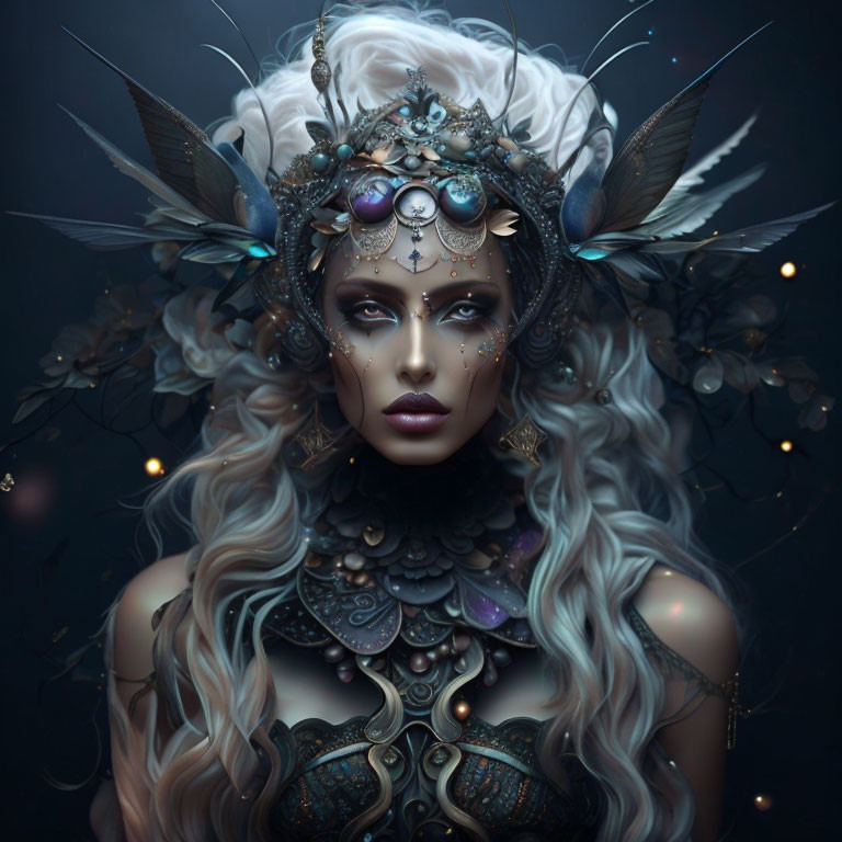 Fantasy portrait of woman with elaborate headdress and mystical makeup