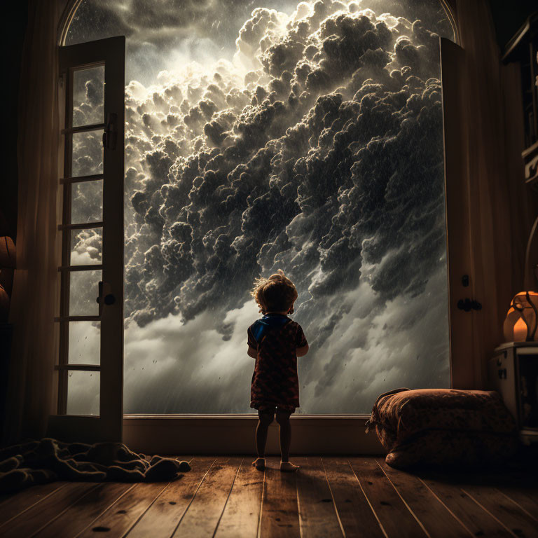 Child in pajamas gazes at glowing cloud formation in dark room