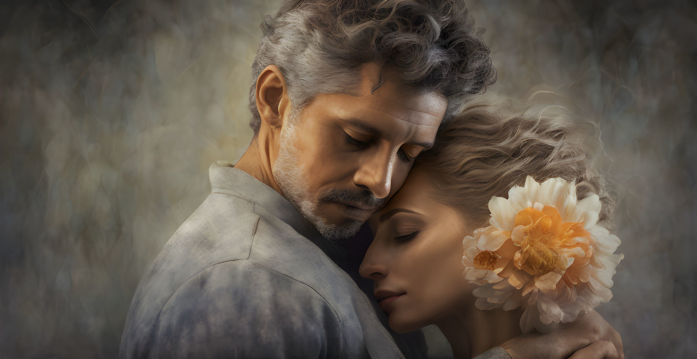 Serene couple embracing with woman's head on man's shoulder and flower in her hair