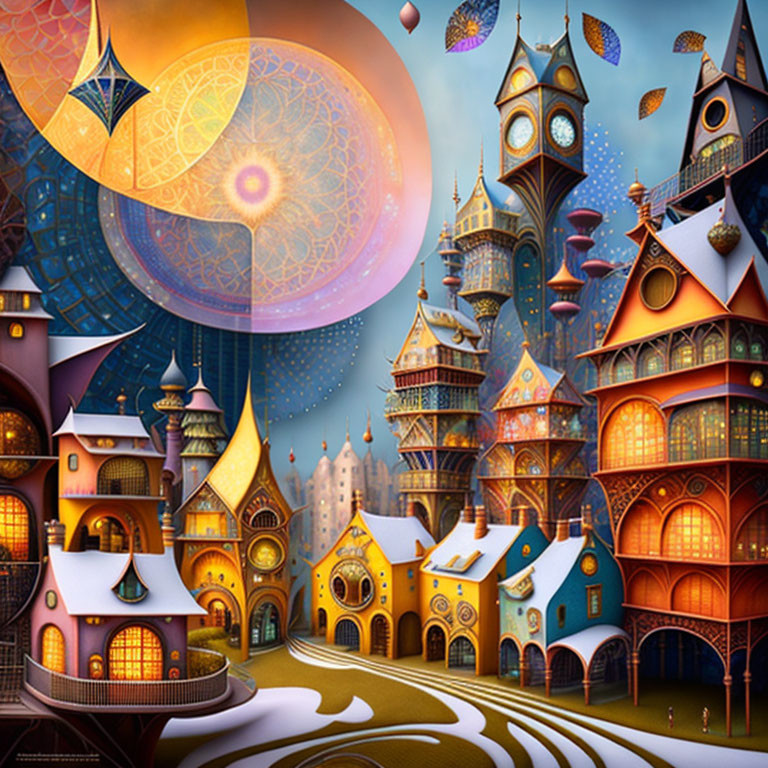 Fantasy village illustration with unique houses under moonlit sky