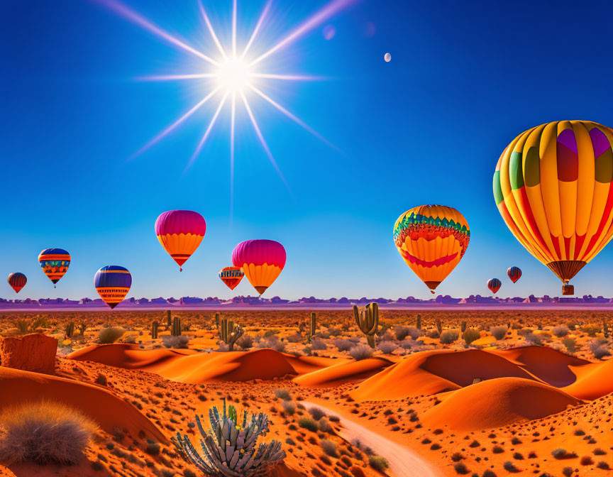 Vibrant hot air balloons over desert dunes under a sunny sky