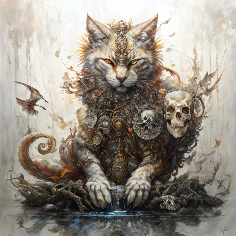 Elaborately armored fantasy cat with ornate details and skull surrounded by birds