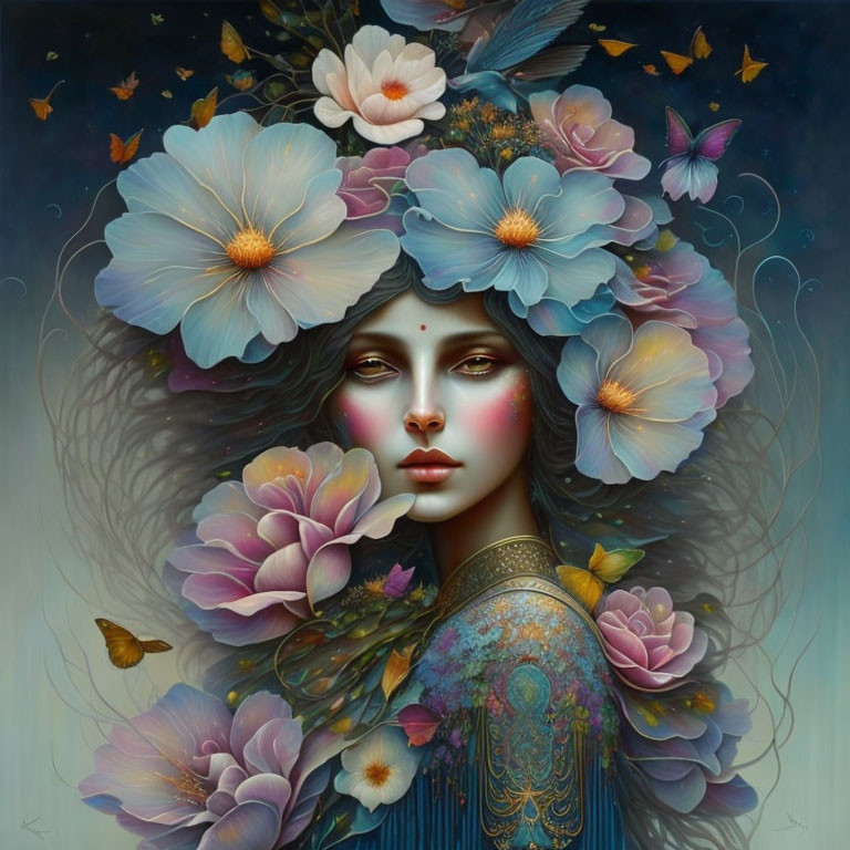 Colorful surreal portrait: woman with floral hair & butterflies