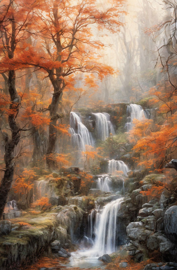 Autumn waterfall in misty forest with orange and red leaves