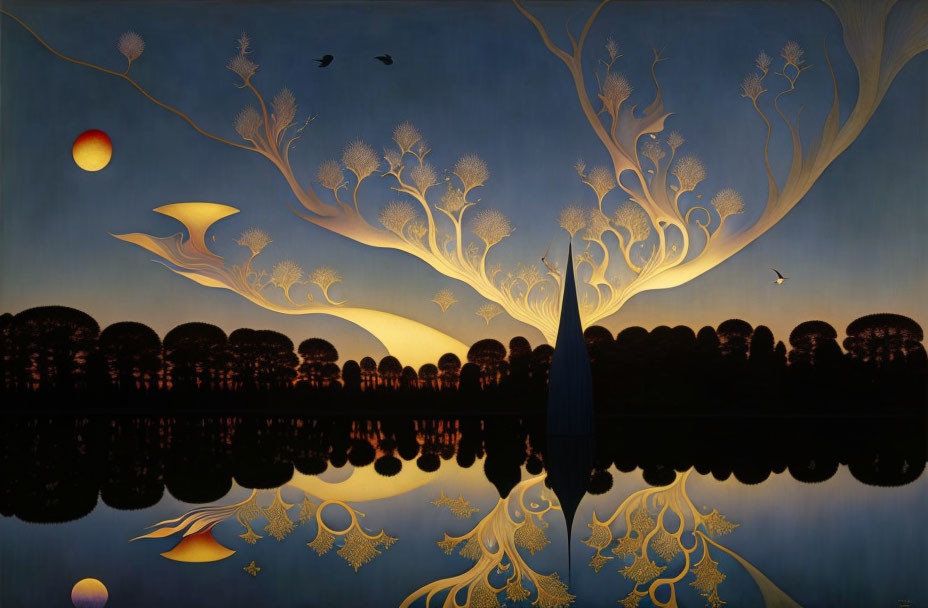 Surreal golden tree reflected on water at twilight