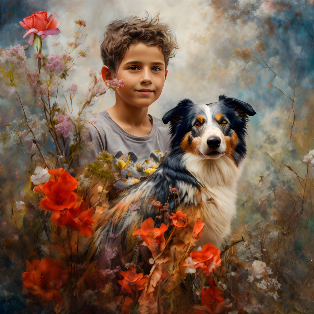 Young boy with warm smile embraces Australian Shepherd dog in flower-filled setting