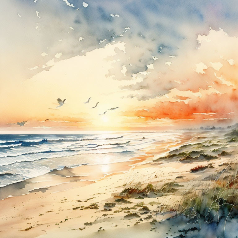 Serene beach sunset watercolor with waves and birds