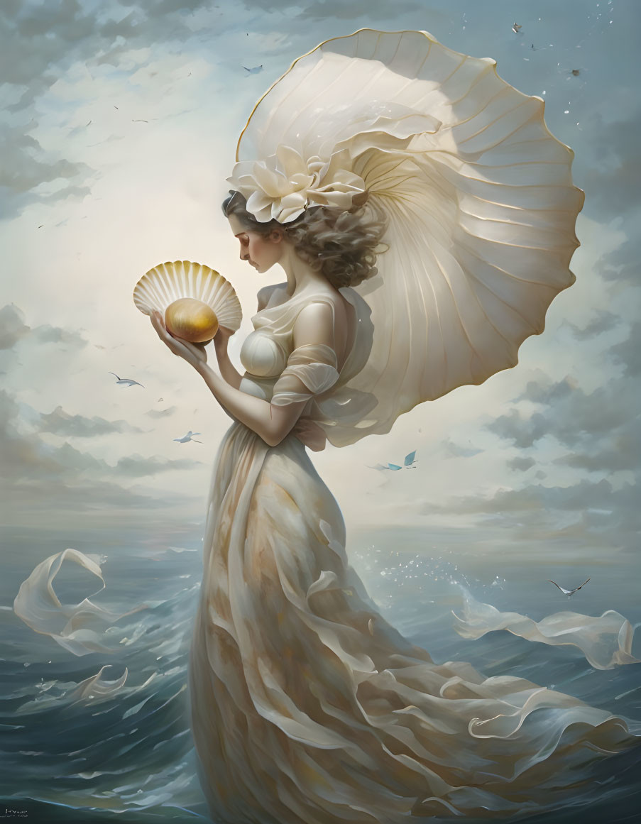 Ethereal woman in flowing gown with golden shell in seascape