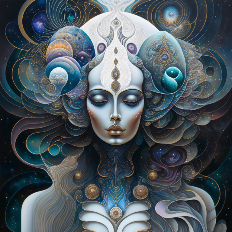 Surreal female figure with cosmic and nature motifs