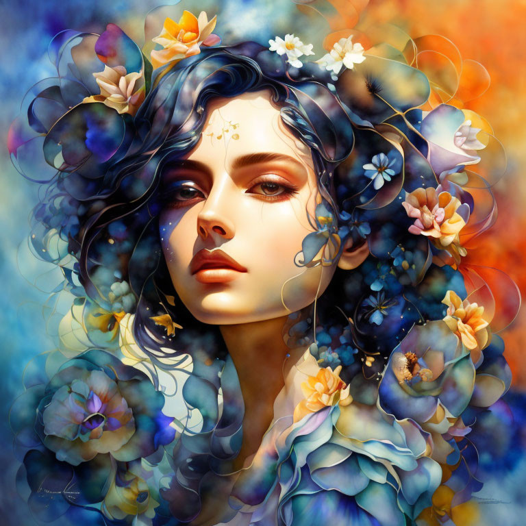 Colorful illustration of woman with floral adornments and serene expression amid blue blooms on warm background