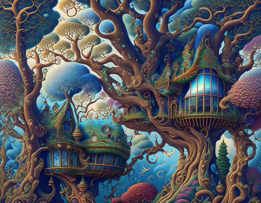 Fantasy artwork of whimsical treehouse with colorful foliage