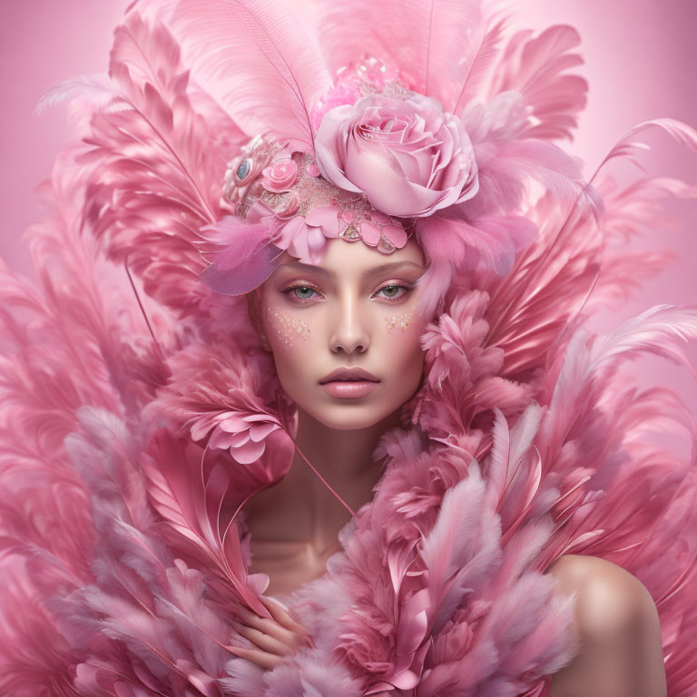 Woman with artistic makeup and pink feathered headdress on pink background