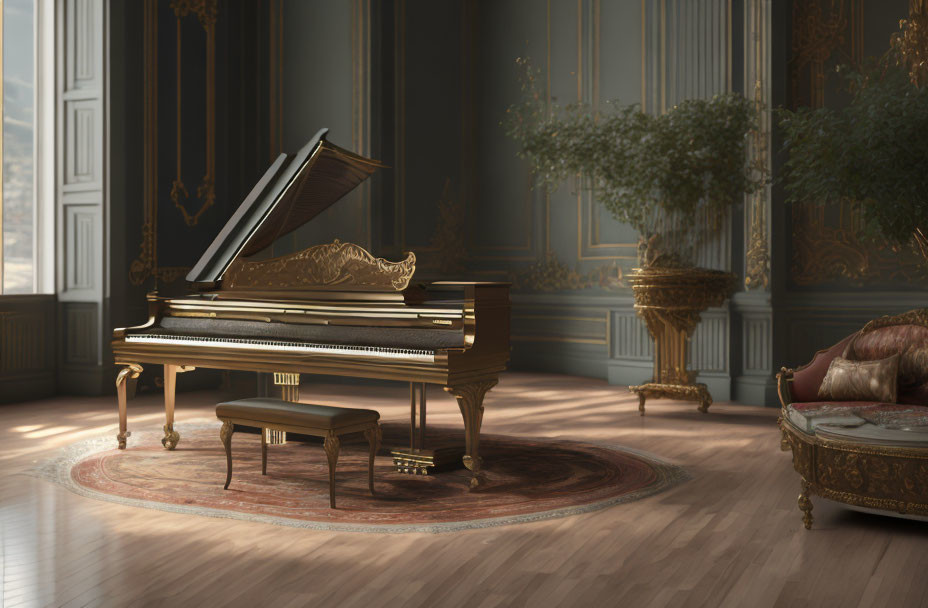 Luxurious Room with Ornate Grand Piano